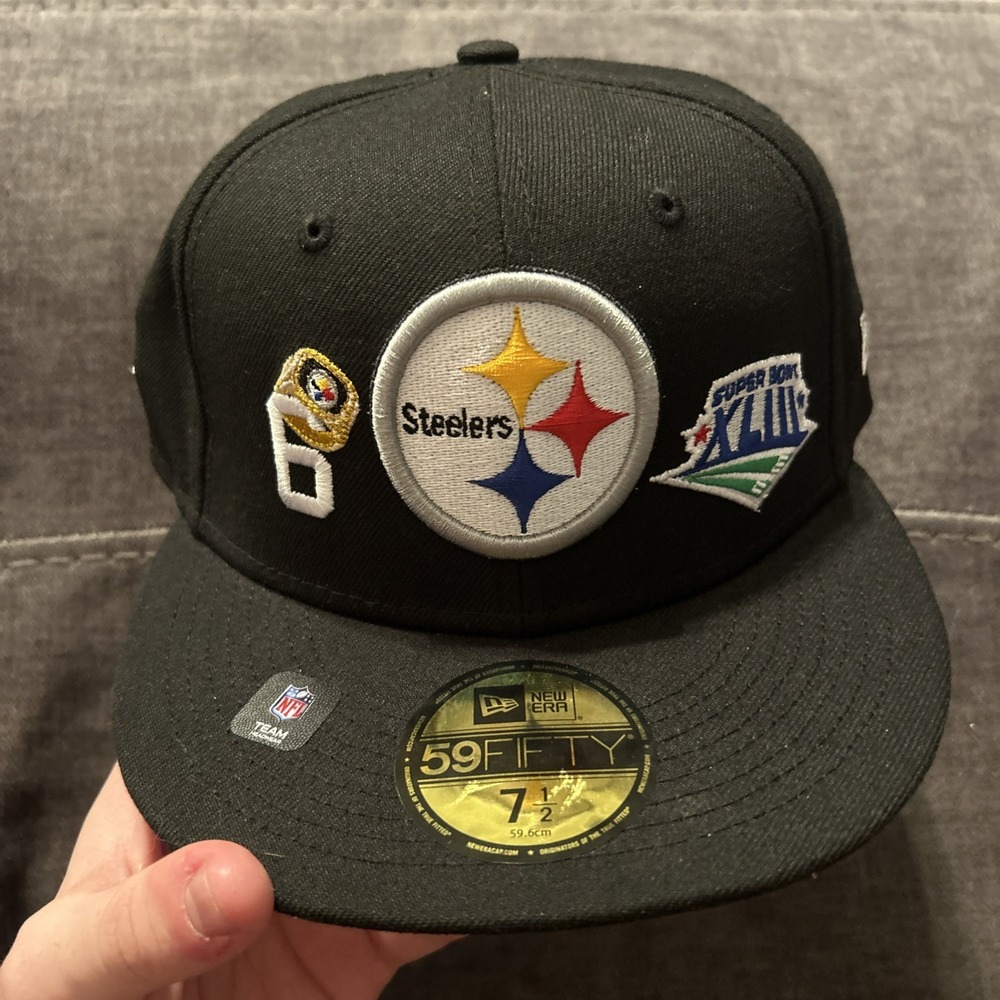 Pittsburgh Steelers Hat 6X Super Bowl Champion Fitted 7 1/2 New Era Flatbill Cap